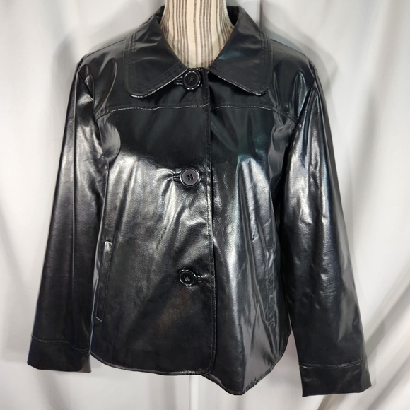Studio Works NWOT Black Faux Patent Leather Button Down Jacket w/Pockets Medium - Picture 1 of 11